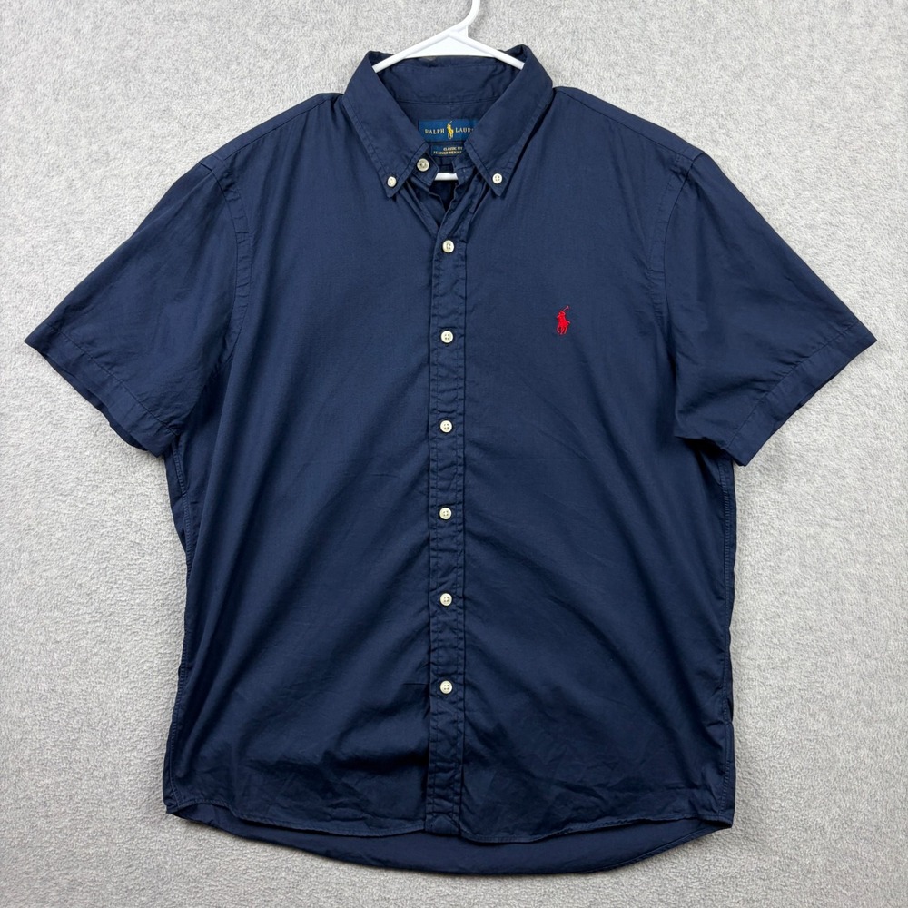 Ralph Lauren Shirt Mens Medium Blue Featherweight Twill Short Sleeve Button Down